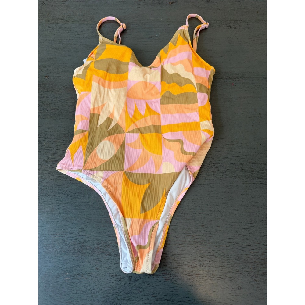 Quiksilver Womens Ribbed One Piece Swimsuit Retro Geometric Pink Orange Small